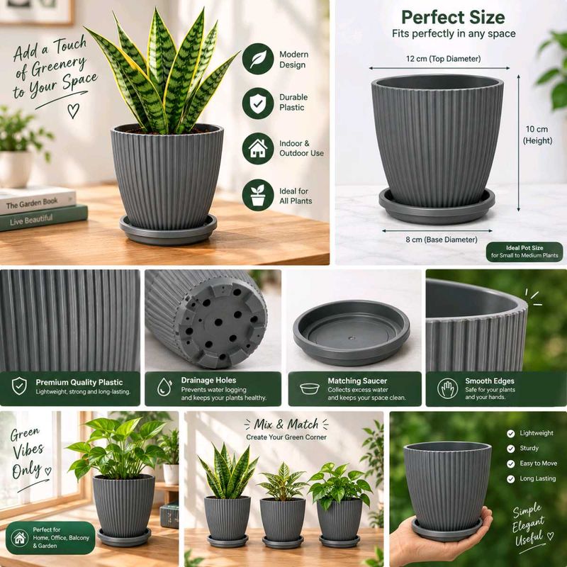 🌿 Stylish Ribbed Plant Pot with Saucer(SET OF5)