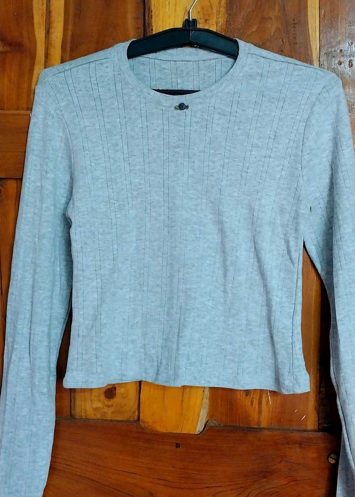 Grey Ribbed Long Sleeve Top