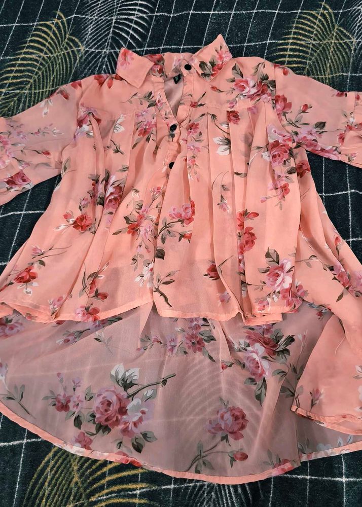 Peach Floral Print High-Low Tunic Top