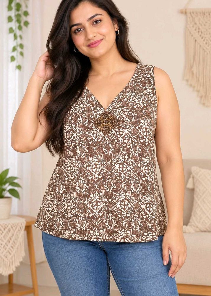 Stylish Brown Printed Sleeveless Top