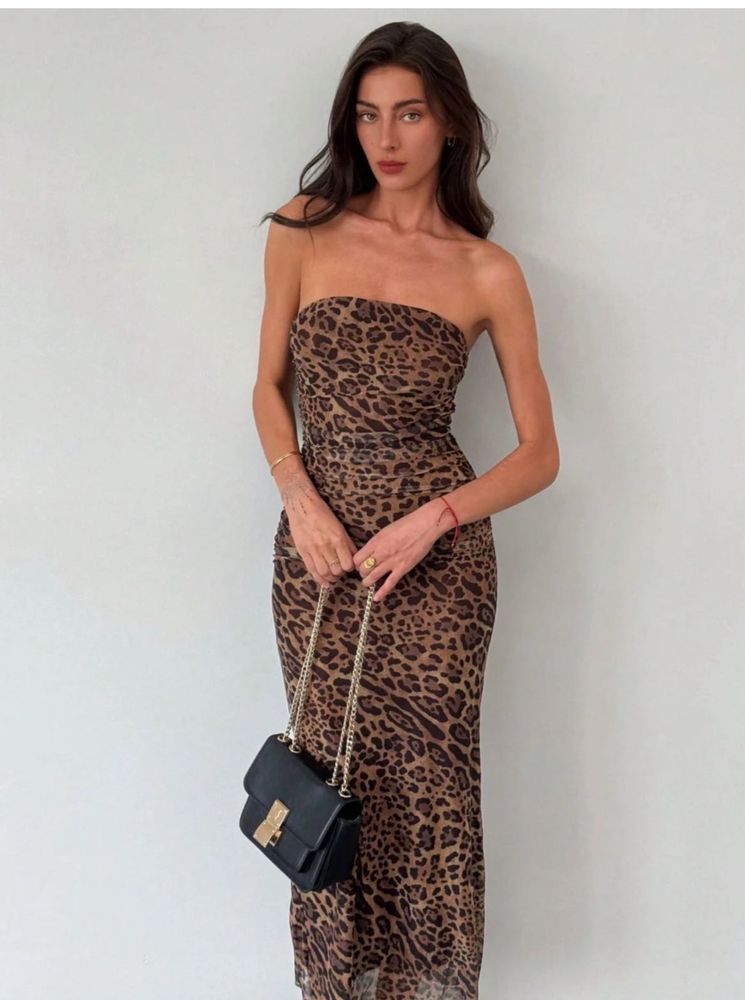 Leopard Print Strapless Midi Dress