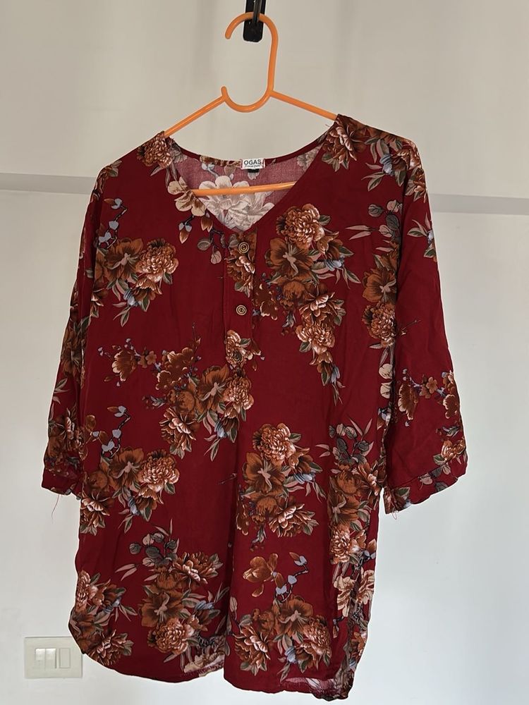 Maroon Floral Print Button-Up Top