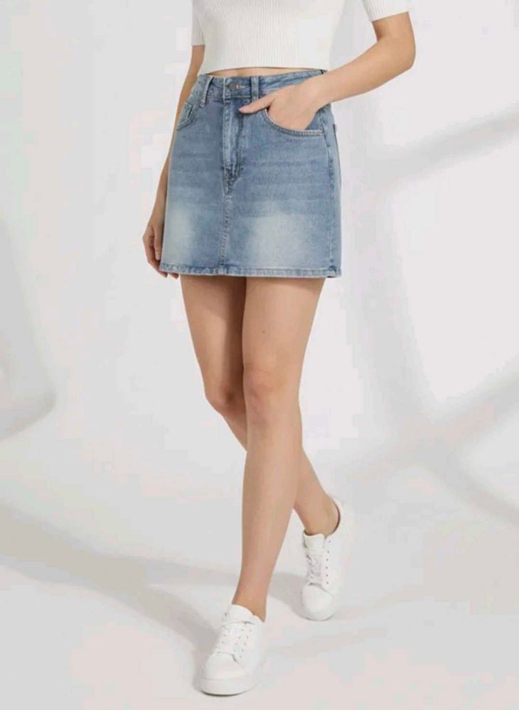 Washed Solid Blue Denim Skirt