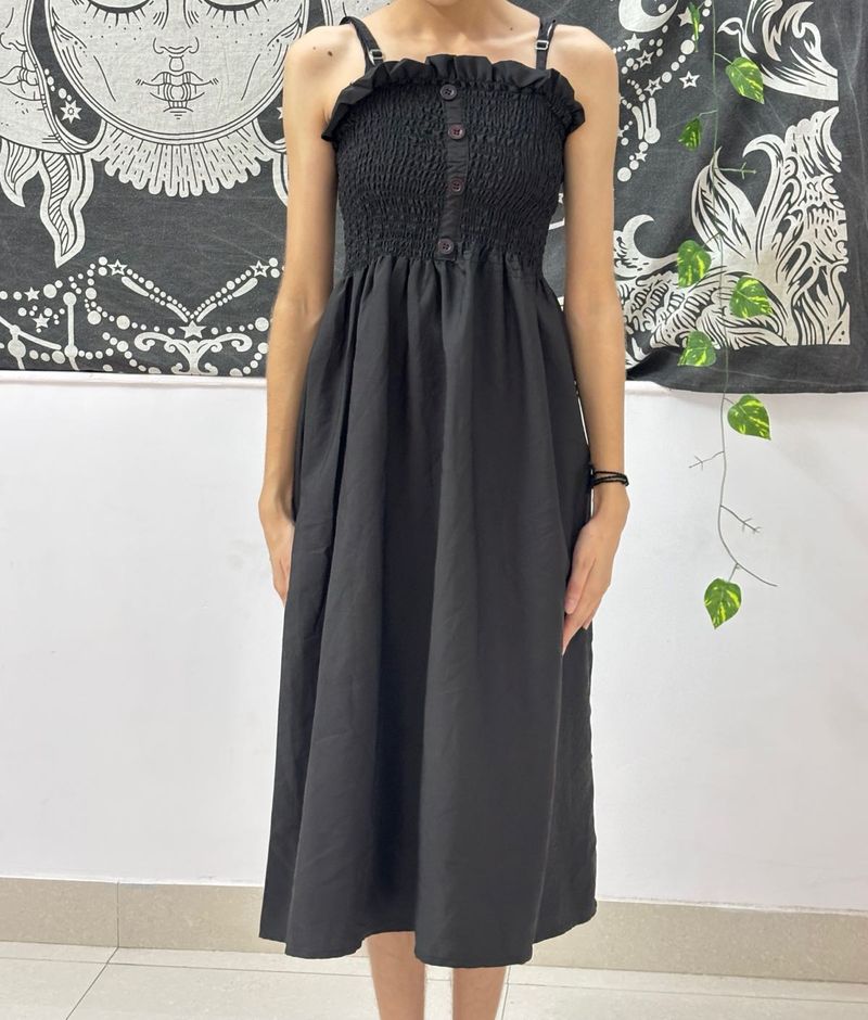 Black Smocked Button-Up Midi Dress