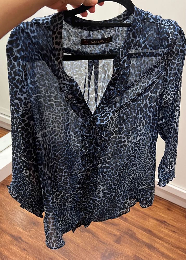 zara basic Sheer Leopard Print ruffle Blouse