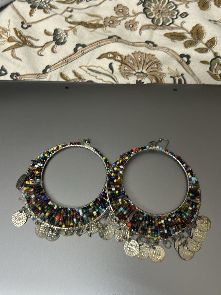Bohemian Beaded Hoop Earrings with Coins