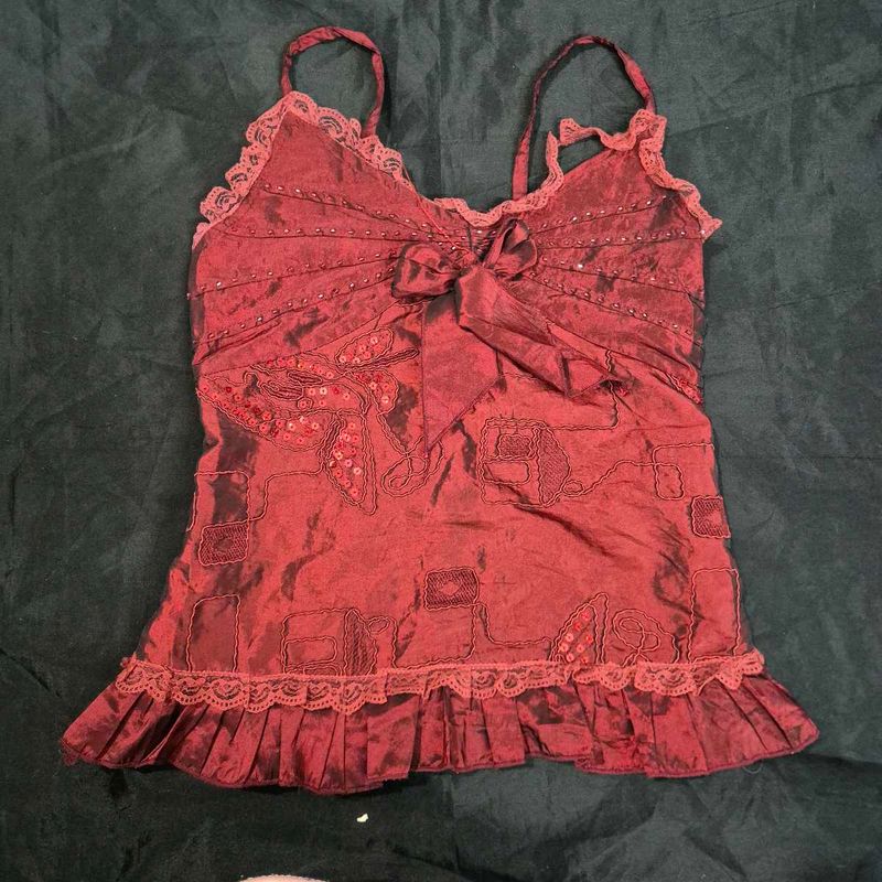 chatpate Red Embellished Spaghetti Strap Top Y2K