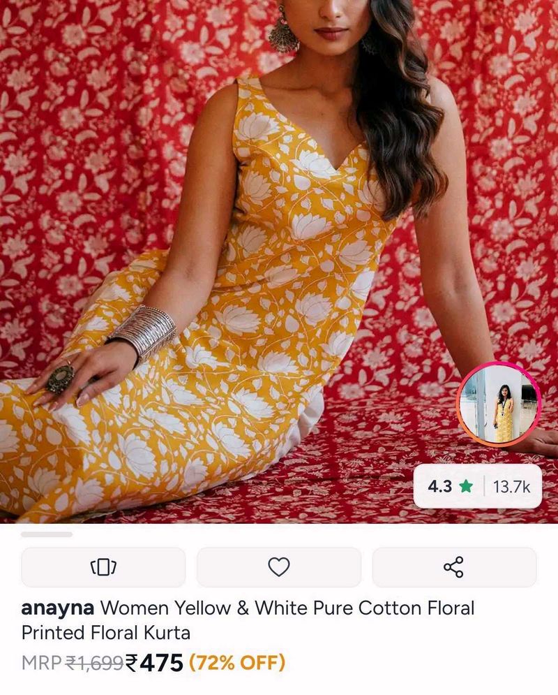 Yellow and white pure cotton Floral printed Kurta