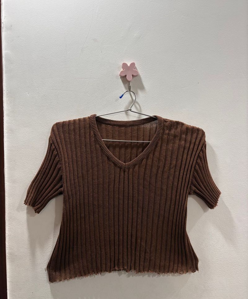 Brown Ribbed  Knit Top | Too stretchable