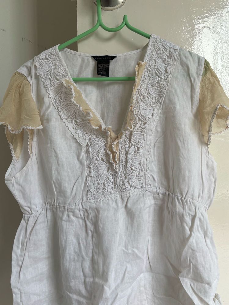 White Lace Trimmed V-Neck Top