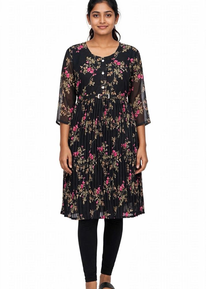 Floral Print Pleated Kurta with Belt