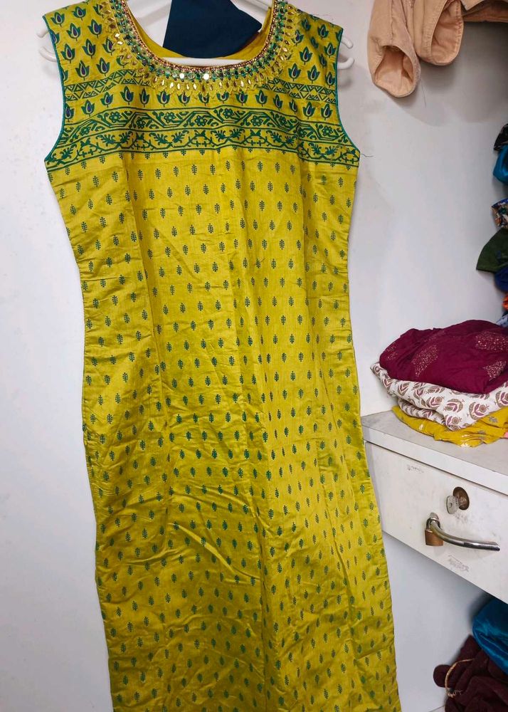 Designer Yellow Kurta with Green Print
