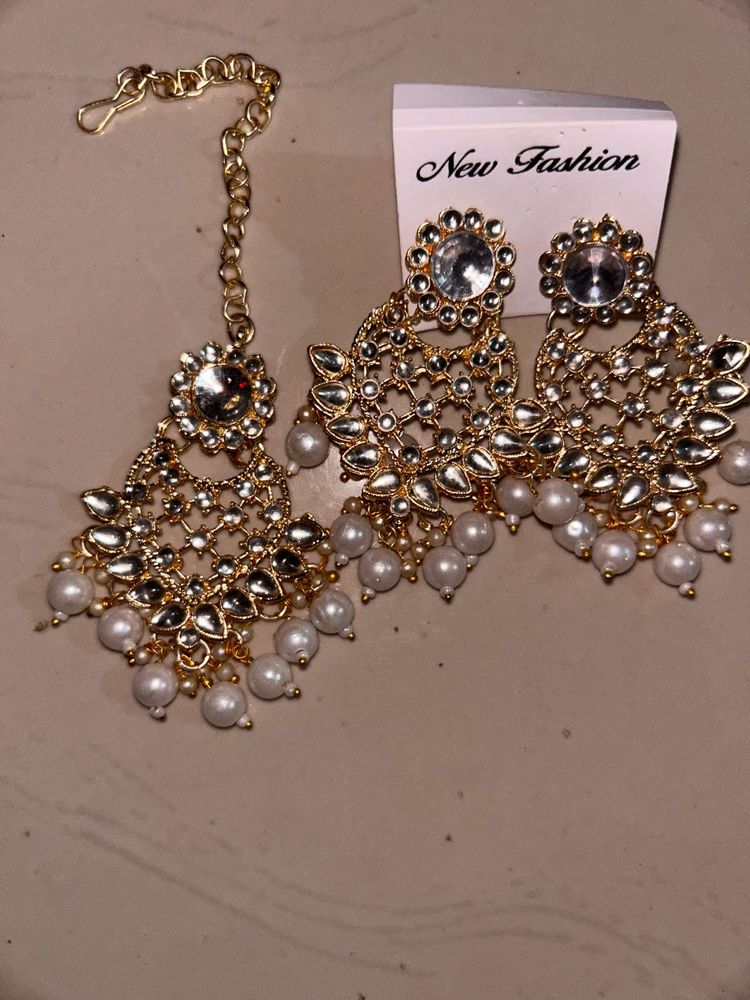 Stunning Pearl &amp; Kundan Maang Tikka Set