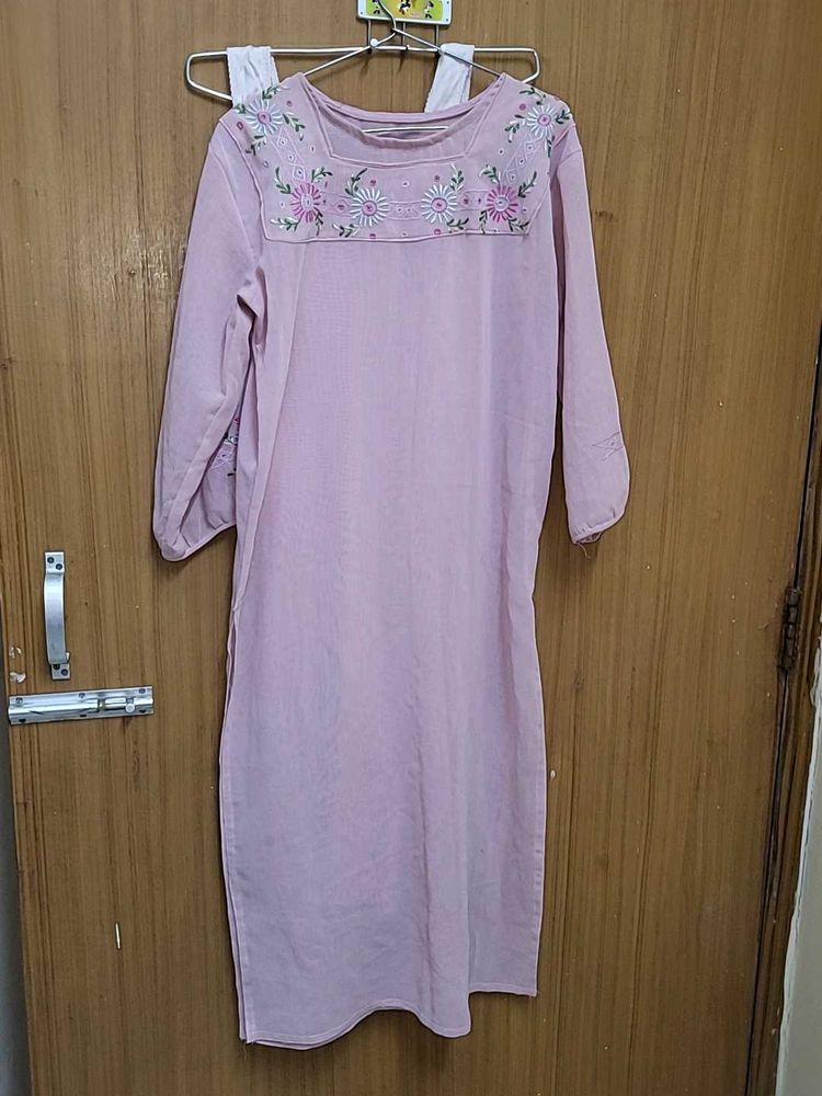 baby pink straight cotton kurta embroidery