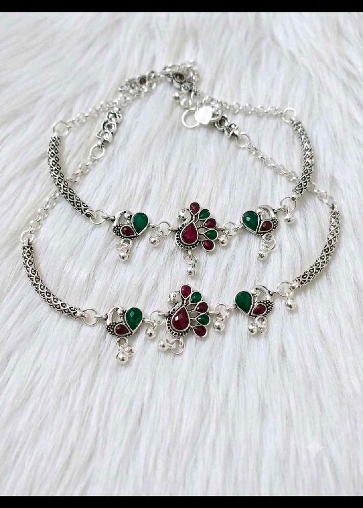 Exquisite Silver Anklets with Peacock Design