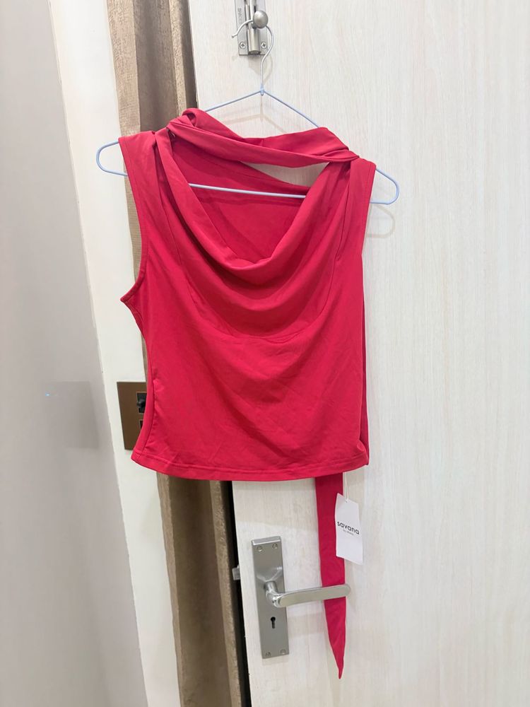 Vibrant Red Sleeveless Cowl Neck Top