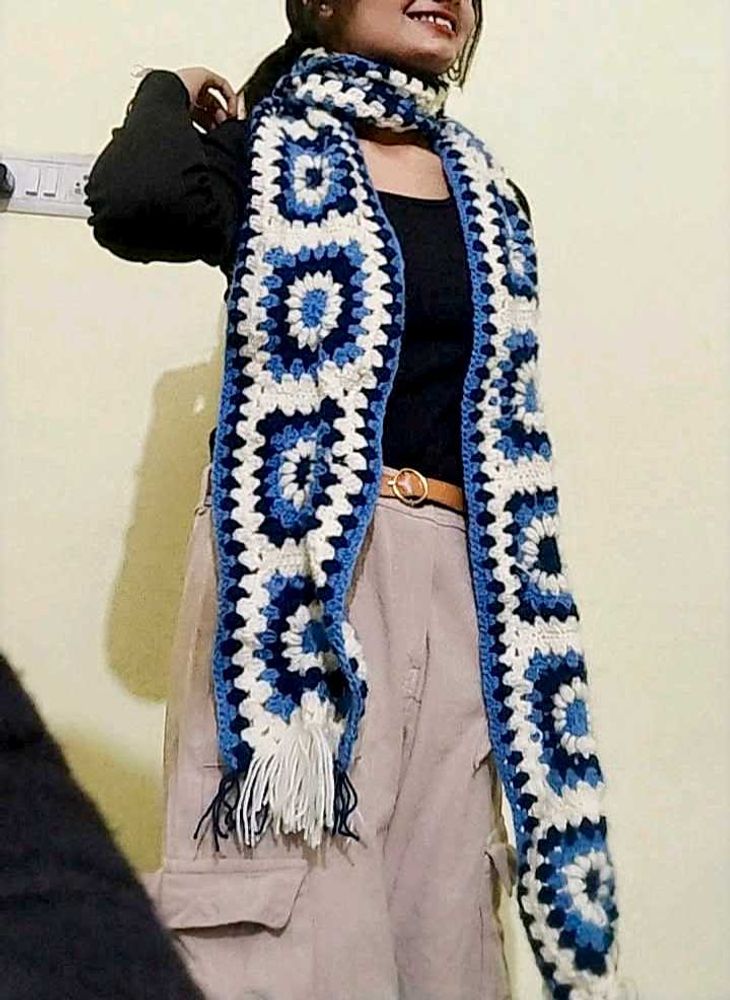 Blue &amp; White Afgan inspired Crochet Scarf
