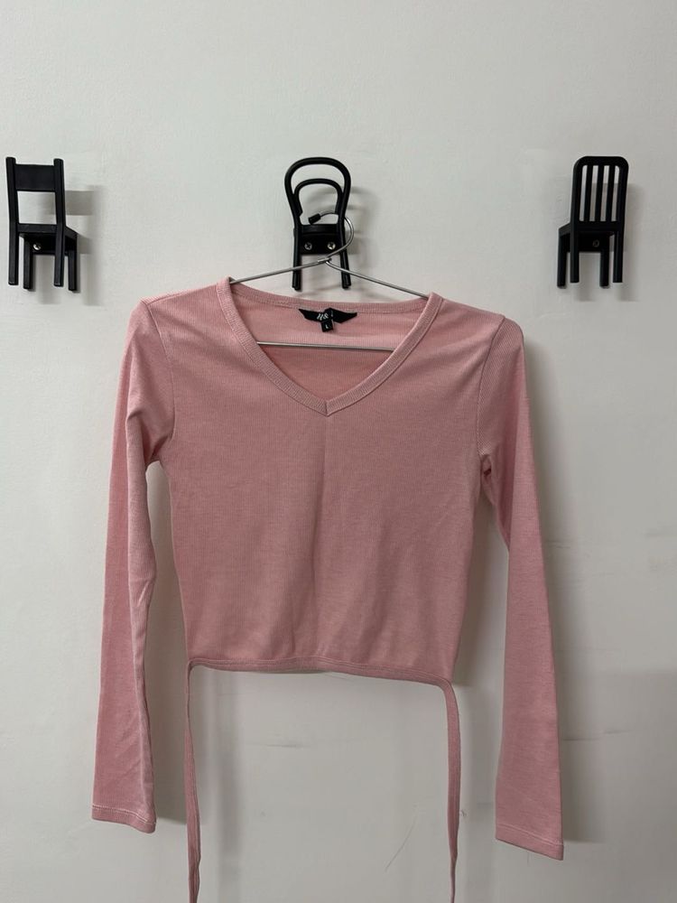 Pink V-Neck Long Sleeve Crop Top