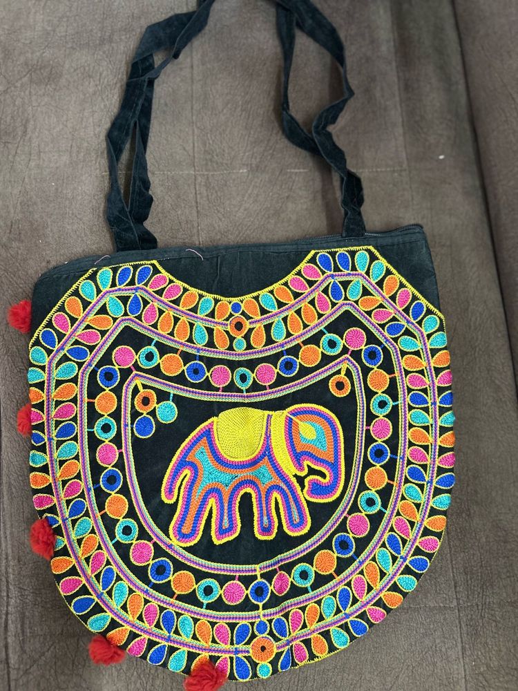 Boho Elephant Embroidered Tote Bag