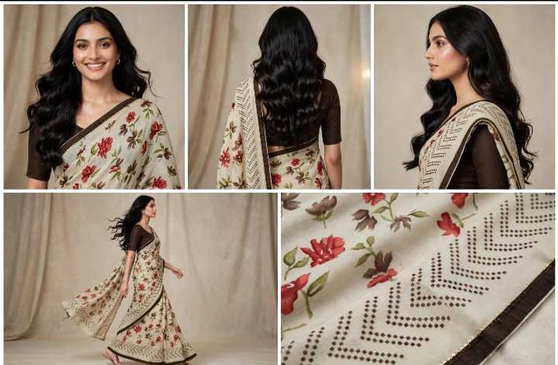 Floral Print Saree with Contrast Blouse