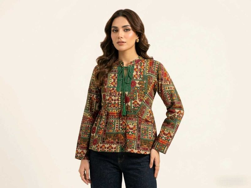 Boho Print Tassel Neck Tunic Top