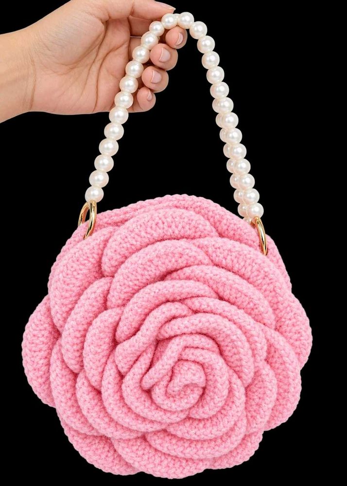 Chic Pink Rose Crochet Handbag with Pearl Strap