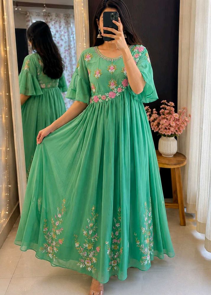 Stunning Green Embroidered Ethnic Gown