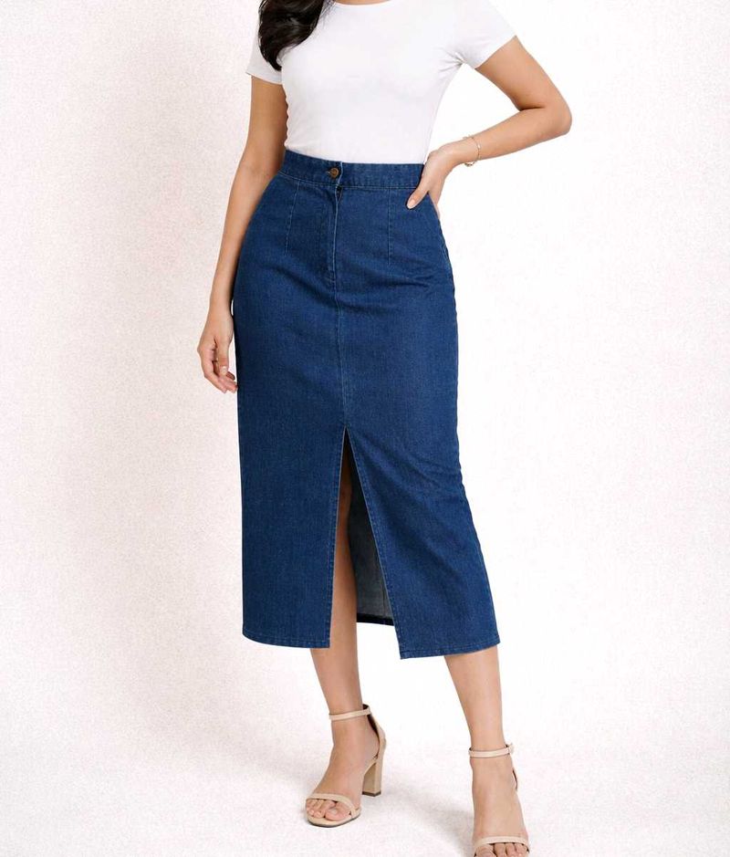 Denim Midi Skirt with Slit