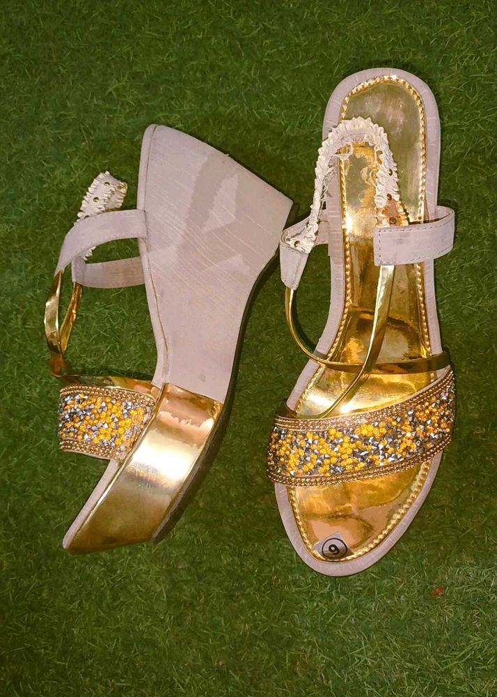 Women's Gold &amp; Ivory Wedge Heels