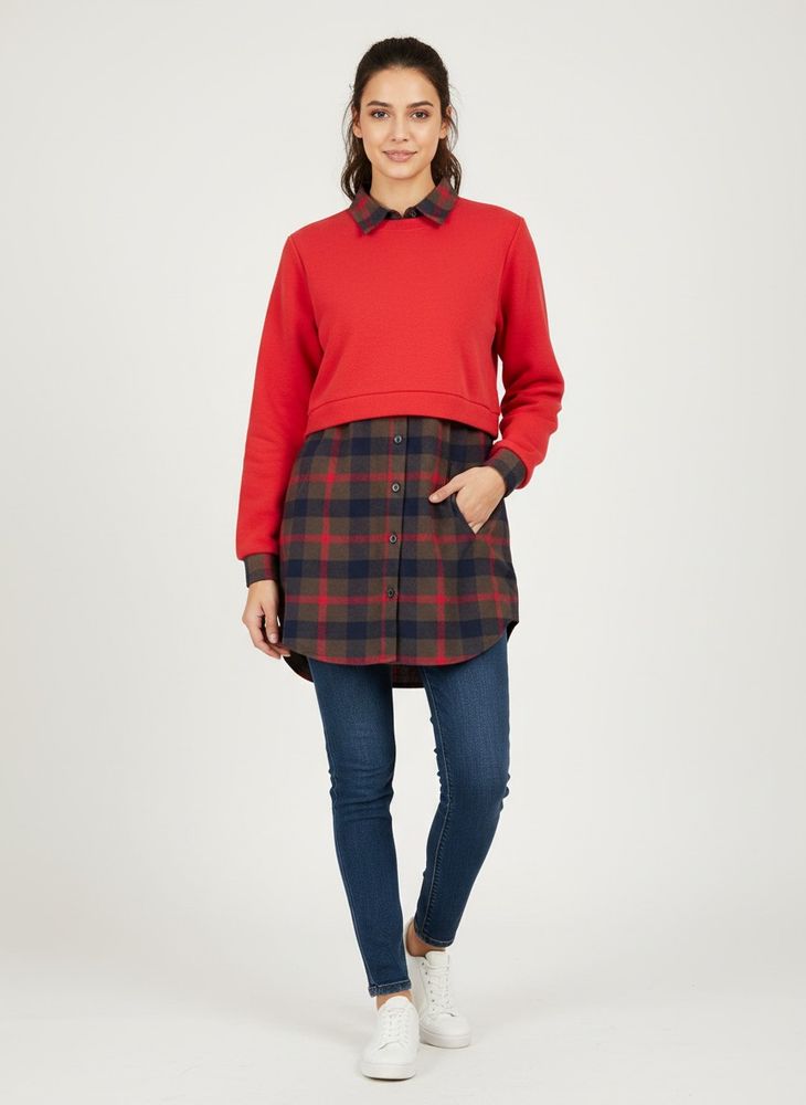 Red Sweatshirt with Plaid Shirt