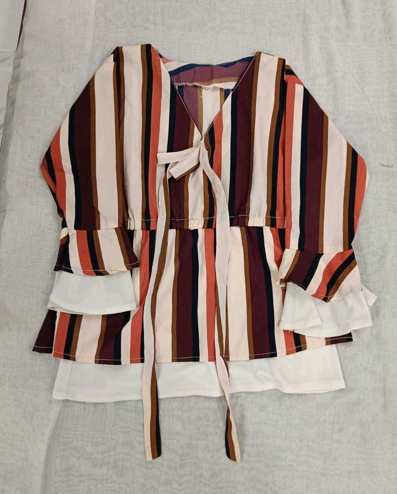 Denim Jeans With Fluffy Striped Top.