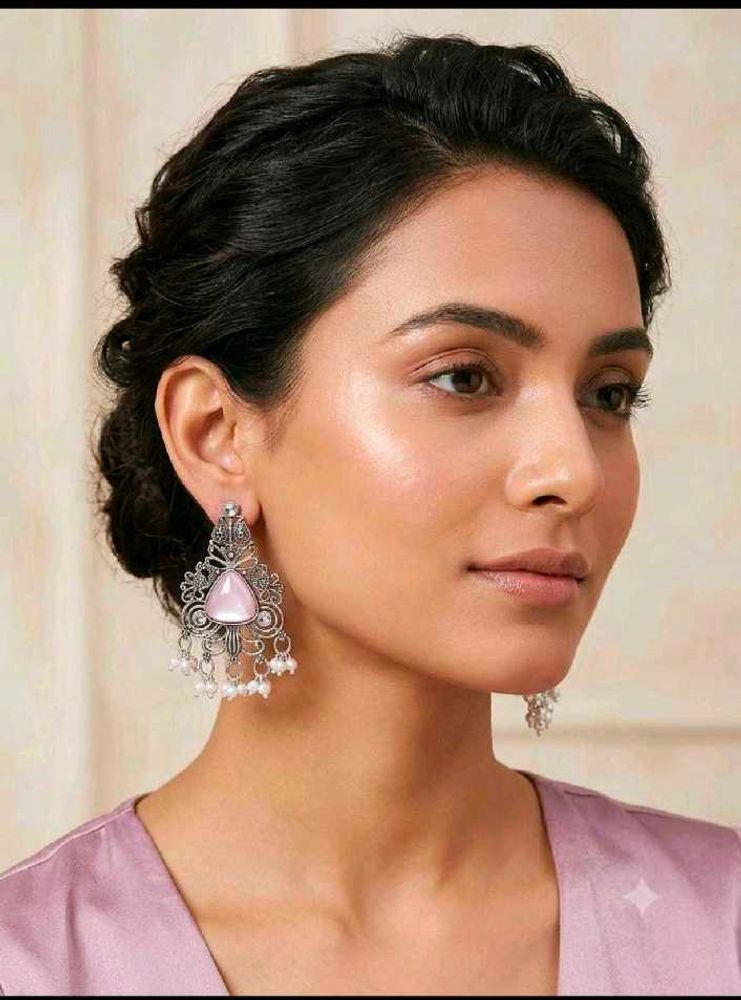 Exquisite Pink Stone &amp; Pearl Jhumka Earrings