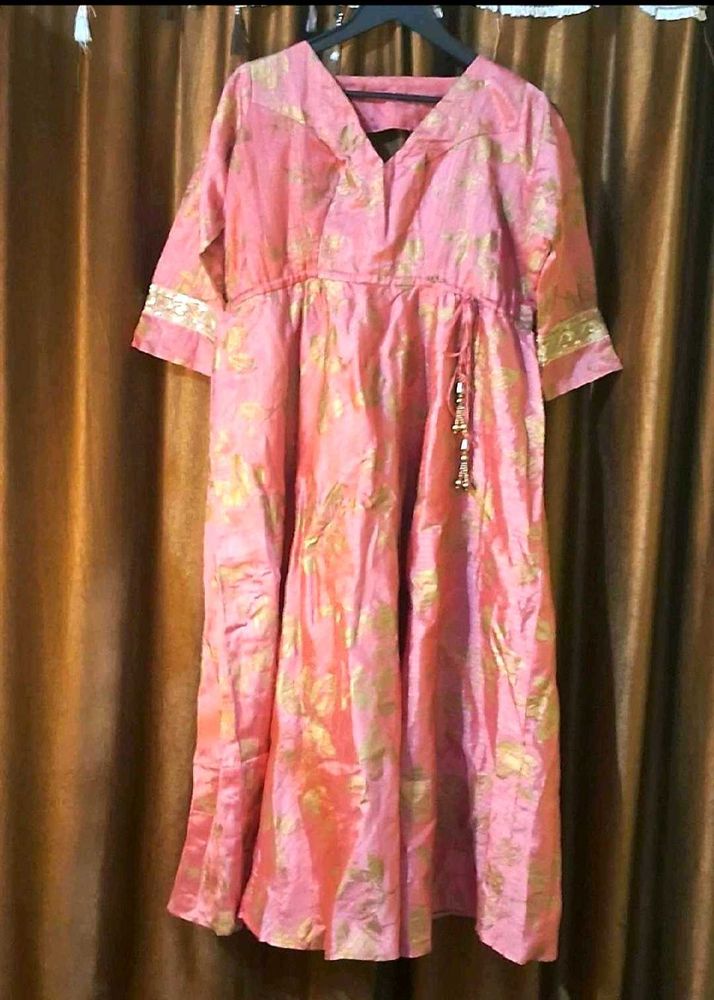 Pink Flared Kurta with Gold Print