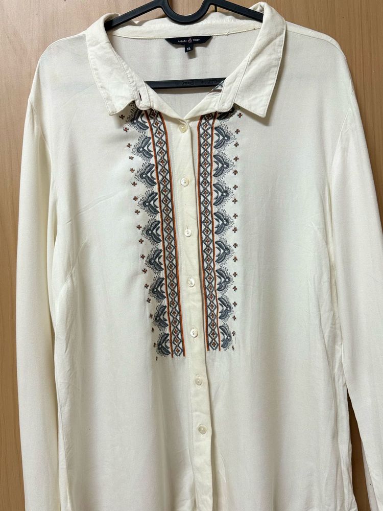 white Embroidered Button-Up Shirt