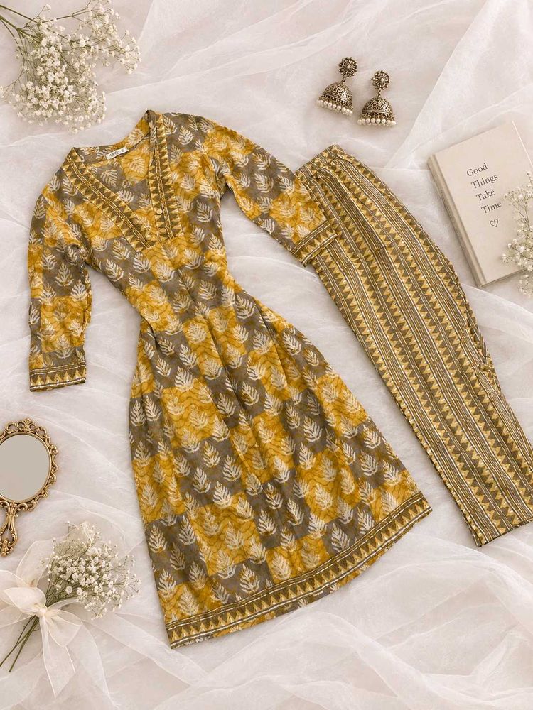 Mustard Yellow &amp; Grey Block-Printed Kurti Set