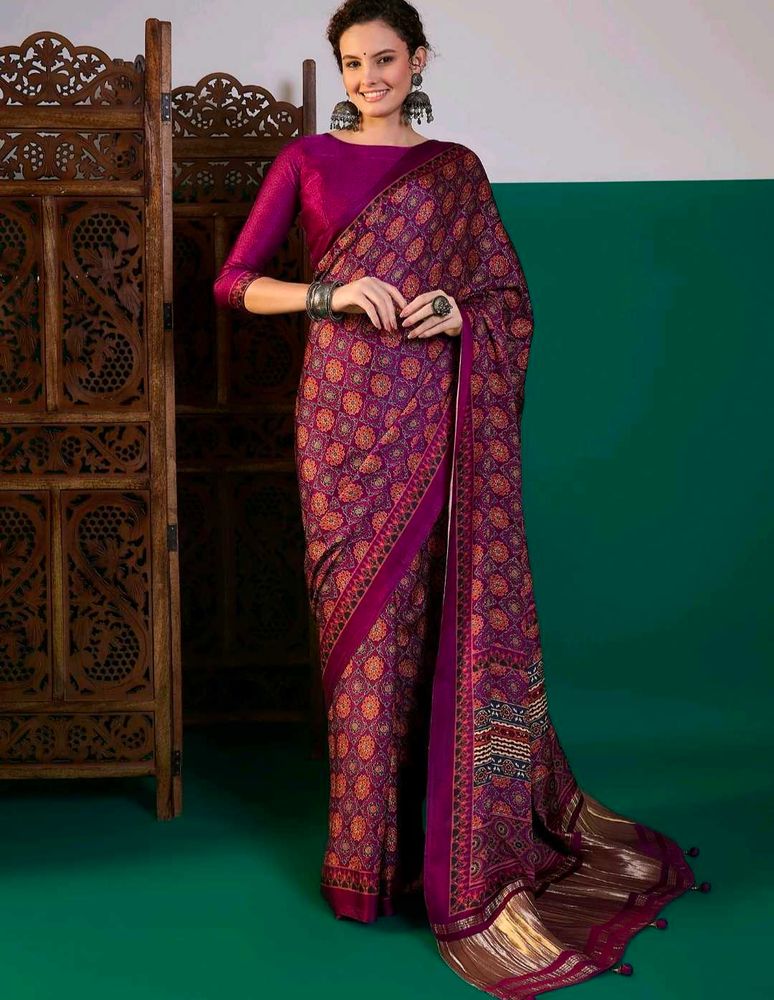 Beautiful Purple Modal ajrak Printed Saree