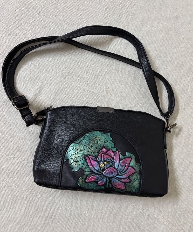 Leather Embossed Lotus Crossbody Bag