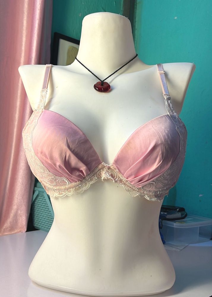 Pink Lace Trim Push-Up Bra