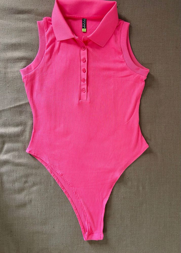 Hot Pink Ribbed Polo Bodysuit