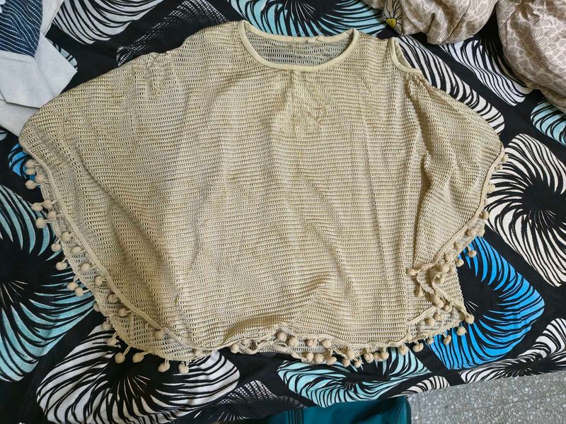 Beige Crochet Poncho Top with Pom Poms