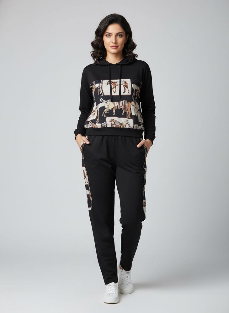 Stylish Black Tracksuit with Horse Print