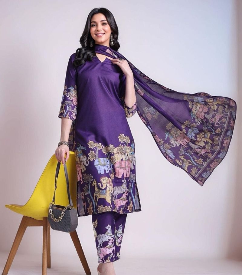 Purple Elephant Print Kurta Set with Dupatta