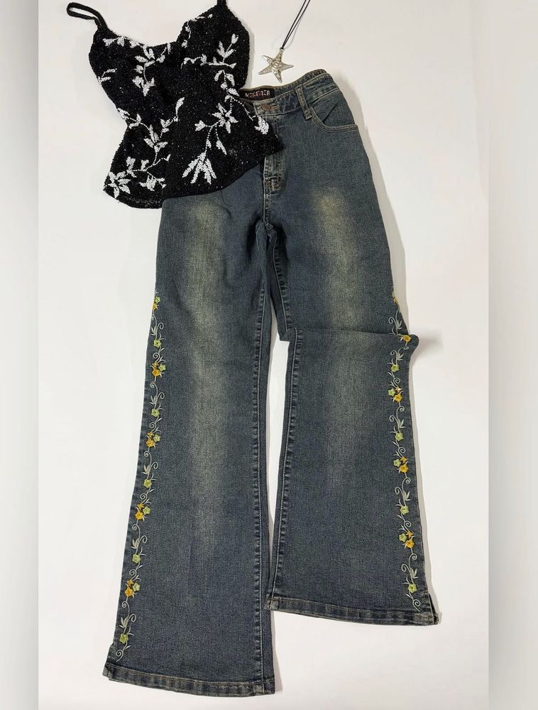 Y2k Sparkly Cami &amp; Embroidered Flare Jeans
