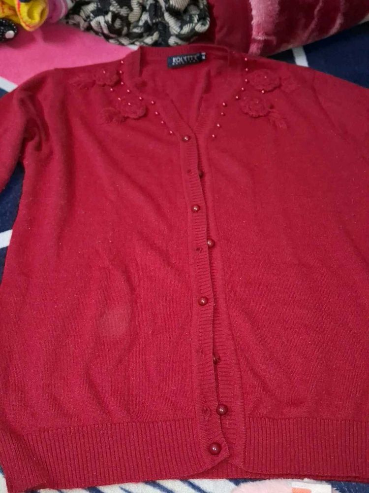 Red Beaded Cardigan Sweater