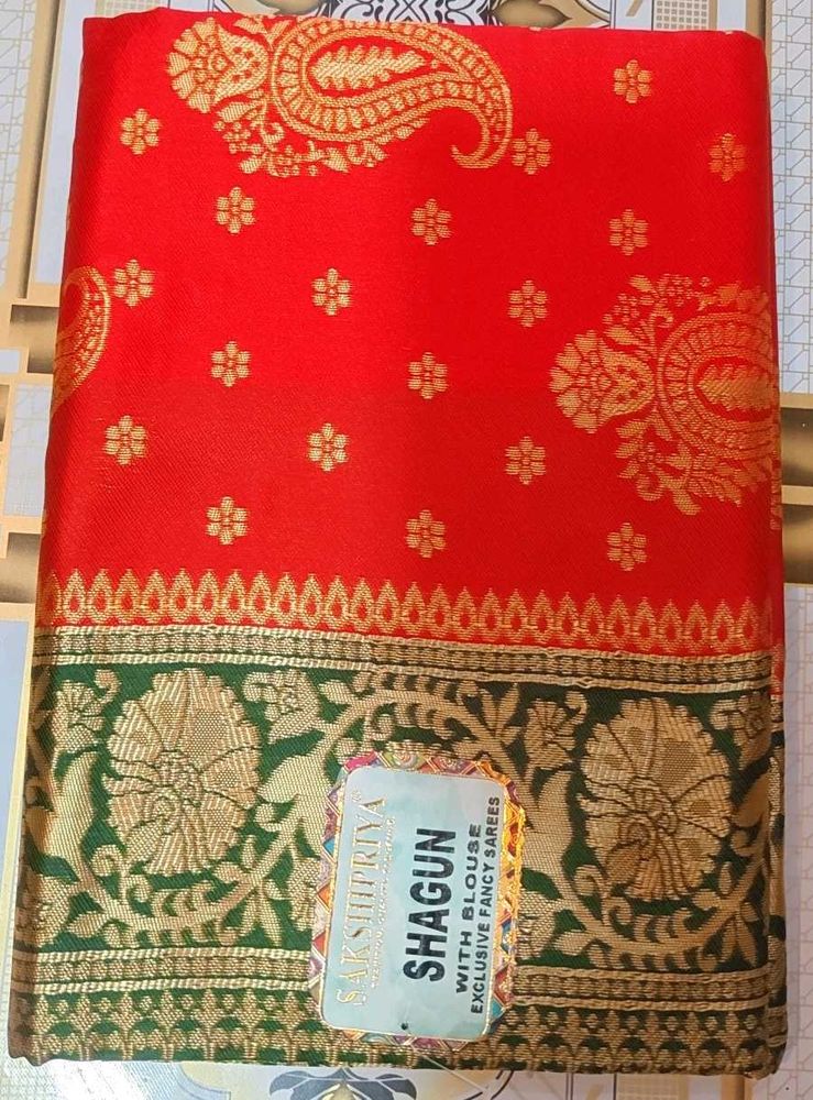 Red &amp; Green Silk Saree with Blouse