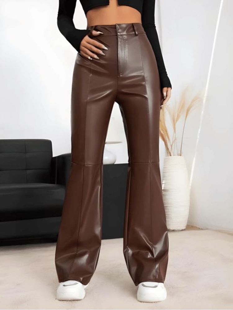 Women's Brown Faux Leather Flare Pants