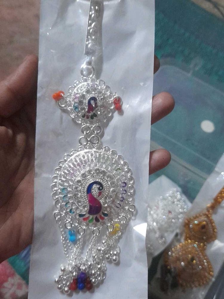 Silver Peacock Maang Tikka with Beads