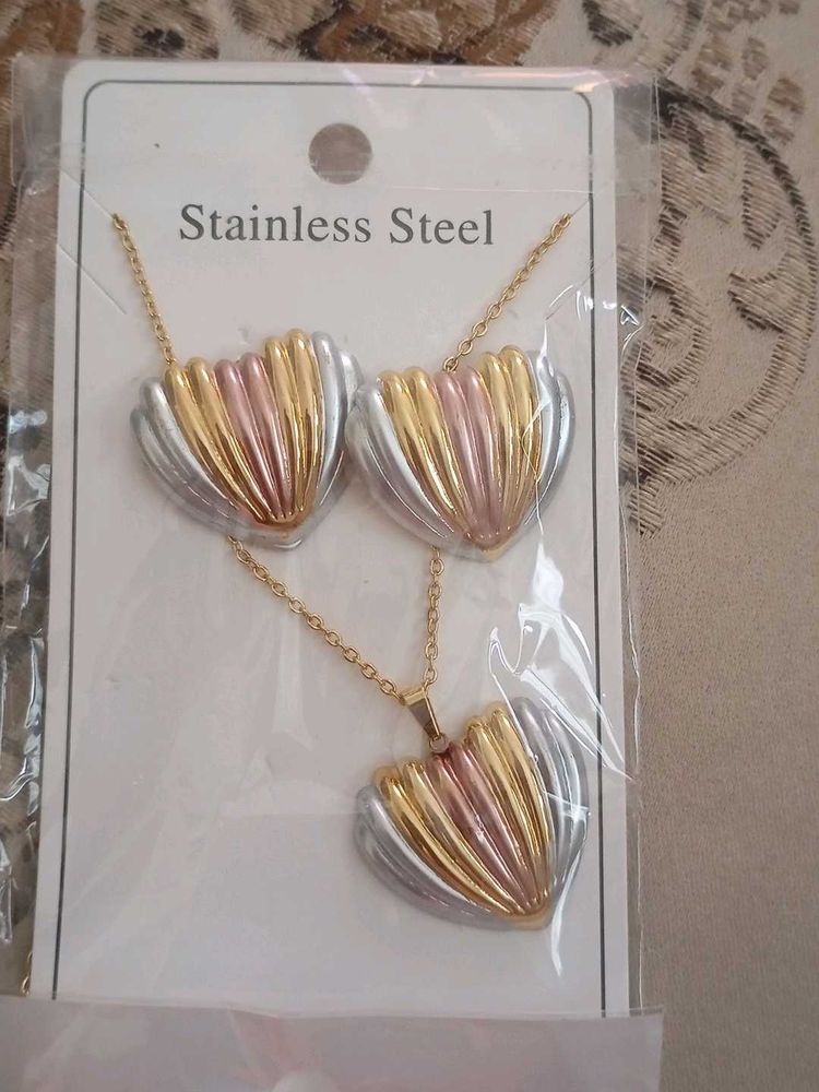 Tri-Color Stainless Steel Necklace &amp; Earrings Set