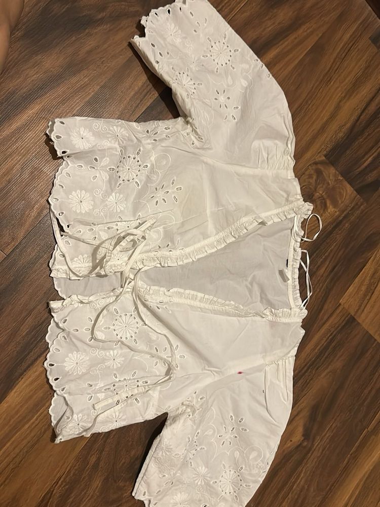 White Embroidered Wrap Top