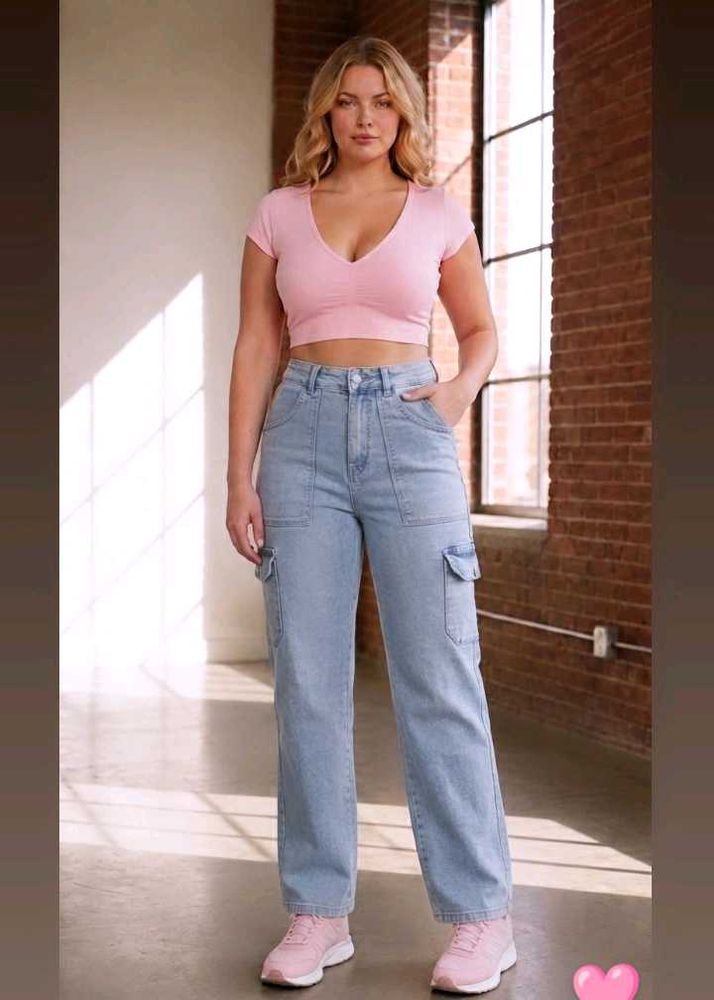 L💙 Light Blue High Waist Cargo Jeans | Wide Leg D